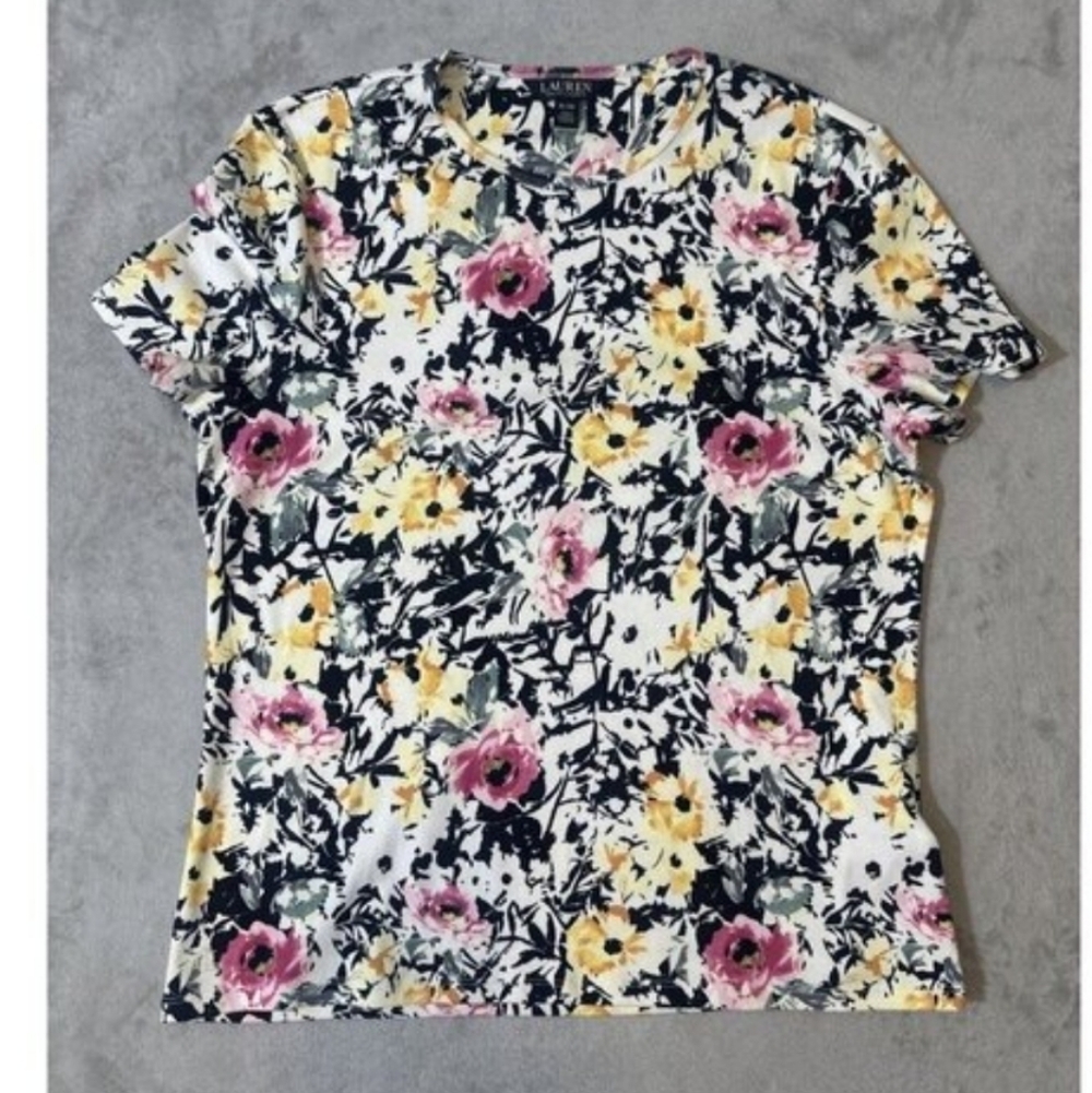 LAUREN RALPH LAUREN Short Sleeve Floral T-shirt Embroidered Logo Black Label